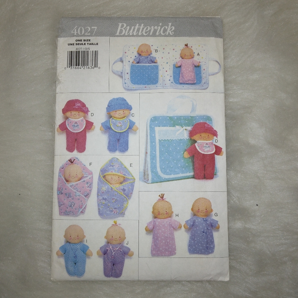 BUTTERICK 4027 Twin Cloth Dolls With Clothing, Bunting, And Carrier